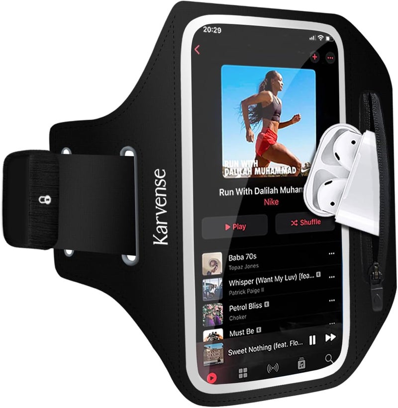Karvense Phone Holder for Running-Arm Band for Running for iPhone & Samsung Galaxy, Cell Phone Armband Holder for Walking, Gym, Workout, Men, Women, w/Adjustable Strap & Zipper Pocket (Black-M) - Image 1
